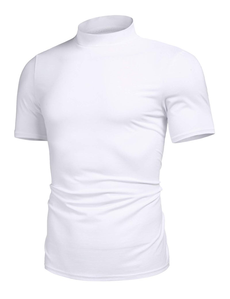 Poriff Mens Classic Fashion Slim Fit Lightweight Solid Color Short Sleeve Turtle-Neck T-Shirt White XL - Image 1